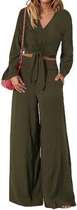 PRETTYGARDEN Women Tunic 2 Piece Sets Smocked Crop Top Wide Leg Pant Sets Dressy Jumpsuits for Work Business Office(Solid Army Green,Large)