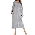 Lu's Chic Women's Zipper Front Robe Hooded Bathrobe Full Length Zip Zippered House Coat Solid Pocket Housecoat Sleepwear Grey Medium