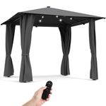 The Fellie Metal Gazebo with Solar LED Lights and Remote Control, 3M x 3M Large Garden Gazebo with Side Curtain, Heavy Duty Outdoor Gazebos for Patio, Backyard, Dimmable, Timing Function, Dark Grey
