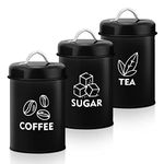 Joyfair Tea Coffee Sugar Canisters, 3 Pack of Metal Storage Jars with Air Tight Lid, Round Food Canisters Great for Storing Beans, Nuts, Candies, Cookies, Ideal for Kitchen/Office/Camping, Black