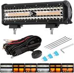 EverBrite 12 Inch 300W Light Bar, Spot Flood White/Amber/Strobe 6 Modes with Memory Function, Off Road Fog Driving Work Light for Truck Car with 16AWG Wiring Harness Kit