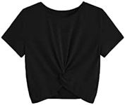 Milumia Girl's Casual Twist Hem Short Sleeve Round Neck Crop Top Tee Shirt Black 9 Years