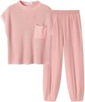 ANRABESS Women's Two Piece Outfits Knit Sweater Vest Crop Top Pants Lounge Matching Tracksuit Sweatsuit Travel Clothes Sets Pink X-Small