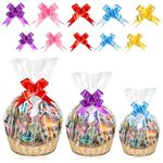 SelfTek 30 Pcs Cellophane Bags for Hampers, 3 Sizes Large Hampers Bags with 30 Pcs Pull Bows Clear Cellophane Wrap Bags for Gift Baskets Making Easter Presents Packaging