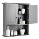 Multigot Wooden Bathroom Cabinet, Wall-Mounted Storage Cabinet with Adjustable Shelf and Compartment, Modern Toilet Cupboard Storage Unit for Kitchen Living Room Corridor (Grey, with Wooden Handles)