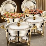 WARMOUNTS Gold Chafing Dishes for Buffet, 5QT 4 Pack Round Chafing Dish Buffet Set w/Lid Holder, Thickened Stainless Steel Chafers and Buffet Warmers Sets for Weddings, Events, Banquet