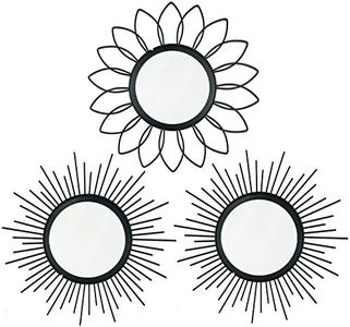 3 Pack Metal Mirrors for Wall Sunburst Wall Mirrors Home Décor Decorative Hanging Wall Art for Living Room Bedroom Entryway (Black, Flower+Sunburst)