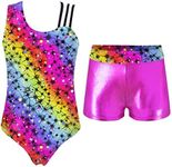 iEFiEL Gymnastics Leotards for Girls with Shorts Kids Dance Unitards Biketards Asymmetric Shoulder Strap Dance Set Starry Rainbow 8 Years