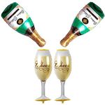 ZZART 4 PCs Happy Birthday Champagne Bottle and Goblet Wine Glass Large Mylar Foil Balloons 39in, green pop Decoration for Party, ceremony, camping, Anniversary Graduation, family gathering