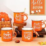 Whaline 4Pcs Mini Fall Mugs Orange Mini Coffee Mug with Plaid Ribbon Happy Harvest Pumpkin Spice Mini Drinking Mug for Autumn Thanksgiving Table Centerpieces Tiered Tray Decor Gifts