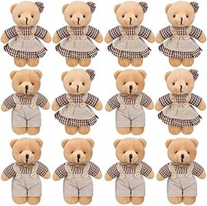 Skylety 12 Animales Osos de Relleno de Peluche, Mini Osos de Pareja con Ropa de Arpillera Juguetes de Animales Osos Pequños de Relleno de Peluche para Navidad (Estilo de Cuadros de Café)