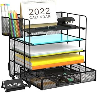 DALTACK Mesh Desk Organizer, 5 Tier Paper Letter Tray Organizer, Desktop Organizer with Drawer and Pen Holders, Desk Organizers and Accessories for Office Supplies, Black