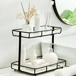 Dobbyby Bathroom Organizer Countertop Perfume Makeup Cosmetics Storage Display Rack 2 Tier Vanity Tray Dresser Stainless Steel Sliver Shelf White Marble Print Ceramic L L-Ceramic-Black