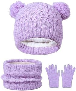 Kids Winter Hat Gloves Scarf Set, Girls Toddler Beanie Cap Pom Pom Neck Warmer Neck Gaiter Fleece Lined,Touch Screen Gloves