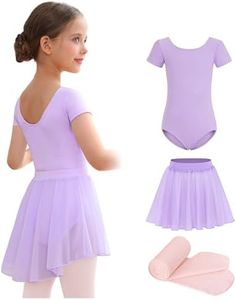 Mecceos Ballet Leotards with Skirt Tights Combo for Toddler Girls Dance Short Sleeve Leotard Ballerina Dresses Outfits (Purple, 8-10 Years, MEAM-321)