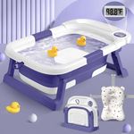 QueenFul Collapsible Baby Bathtub for Newborn to Toddler, Portable Foldable Baby Bathtub with Soft Cushion and Water Thermometer,No-Slip Hanging Travel Baby Bathtub for Infants 0-36 Months,SalviaBlue