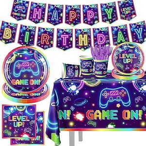 Video Game Party Decorations-142pcs Game On Video Game Tableware,Disposable Neon Game Tablecloth Plates Napkins Cups for Kids Boys Girls Cool Video Gaming Birthday Party Tableware Set Supplies