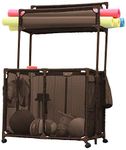 Essentially Yours Pool Storage Equipment Organizer Holder - Noodles, Toys, Balls and Floats Mesh Rolling Double Decker Bin, Large with Noodle Holder, (35.3" W x 23" L x 59.4" H), Brown Style 561935