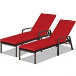 DORTALA Chaise Lounge Outdoor, Set of 2 Wicker Patio Lounge Chair with Cushion and Armrest, Adjustable Backrest, Rattan Reclining Chair for Garden, Balcony, Poolside, Red