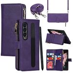 SunYoo for Galaxy Note Z Fold4 Zipper Wallet Case with Crossbody Wrist Strap,Coque for Samsung Z Fold 4 Card Holders,Leather Cover Lanyard Wristlet étui portefeuille for Galaxy Z Fold4 - Purple