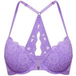 DOBREVA Women's Push Up Bra Racerback Front Closure Bras Lace Padded Underwire Plunge Floral Lilac 32B