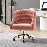 Velvet Home Office Chair with Gold Base, Comfortable Modern Cute Desk Chair, Adjustable Swivel Task Chair for Living Room Bedroom Vanity Study, Pink