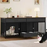 YITAHOME Double Dog Crate Furniture with Feeder, 74.8" Indoor Dog Kennel for Large Breed with Storage, Wooden Dog Crate TV Stand Table for 2 Small Medium Dogs, Black