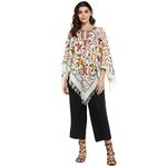 CRAFTBAZAR Kashmiri Women's Allover Embroidered Cream Woolen Poncho