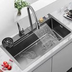 ARQUIN Premium 304 Grade 30x18x10 inchs Kitchen Sink with ANTI SCRATCH HONEYCOMB DESIGN Integrated Waterfall and Pull-down Faucet Set Stainless Steel Sink with Cup washer, RO Tap and Drain Baskets