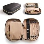 Black Large Jewelry Travel Case Organizer for Necklaces, Earrings, Bracelets - Removable Travel Pouch and Full-Grain Scratch-Proof Leather (Black)