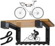 Bike Rack Wall Mount with Shelf and 8 Hooks Offer Horizontal Indoor Bike Storage for Sheds Garages. Wooden Bike Rack Bracket for Road, Mountain, Travel Bicycles, Maximizing Space