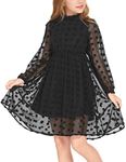 Flypigs Birthday Girl Dress Swiss Dot Ruffle Collar Party Dress Long Sleeve Knee Length Midi Dresses Black 12Y-13Y