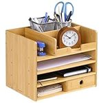 Navaris Bamboo Desk Organizer - Wood Desktop Storage Drawers and Compartments for Organizing Stationery, Documents, Files, Office Accessories