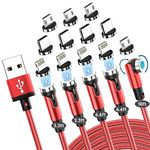 Magnetic Charging Cable 5-Pack [10/6/6/3/3FT], 540° Rotating Magnetic Phone Charger with LED Light, 3 in 1 Nylon Braided Magnetic USB Cords for iPhone, Type C, Micro USB Device (Red)