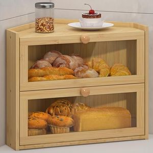 Double Layer Corner Bread Box, Hidden Magnetic Lock & Airtight Design, Bread Storage Bin with Top Guard, Elevated Foot, Clear Windows, Bread Storage Container for Long-Term Fresh Preservation (Bamboo)