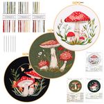 JSRQT 3 Sets Embroidery Starter Kit for Beginners Adults,Mushroom Stamped Embroidery Set,DIY Handmade Sewing Craft Needlepoint Kit with Embroidery Hoops and Needles Threads