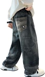 Rolanko Boys Baggy Jeans, Wide Leg Elastic Waist Denim Pants Loose Fit Trousers Vintage Y2K Streetwear (Camo Pockets, 14-16)