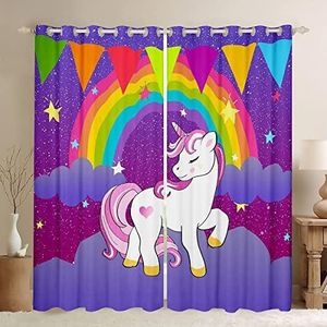 Girls Unicorn Curtain Girls Window Curtains Cute Rainbow Unicorn Print Curtain Kids Cartoon Kawaii Window Curtains Galaxy Stars Fantasy Girls Room Decor Children Unicorn Purple 76"x54",2 Panels