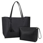 Tote Bag for Women Waterproof Leather Shoulder Bag Large Capacity Purses and Handbags with Zipper, 2 Pack, Black