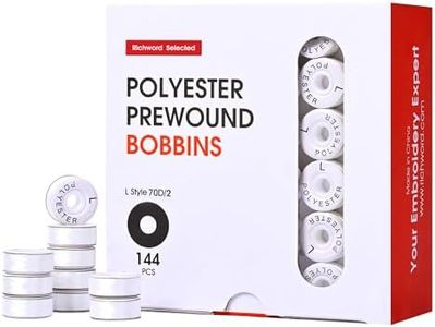 Richword Prewound Bobbins, White Cardboard Sided 144pcs Size L(SA155), 70D/2(60WT) Polyester Bobbin Thread for Commercial Multi Needles Embroidery Machine, 120 Yards