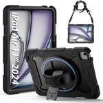 Gerutek for iPad Air 11 inch Case 2024, iPad Air 6th Generation Shockproof Rugged Case with[360 Rotating Stand/Hand Strap][Pencil Holder] iPad Air 11 Case 2024,Black