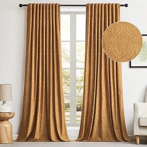 GIGIZAZA Velvet Curtains 96 Inch Long 2 Panels, Brown Gold Boho Drapes Flower Embossed Blackout Window Curtain for Living Room Back Tab Thermal for Bedroom