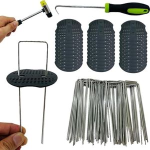 Fycooler Landscape Staples Set,50pcs Gasket+50pcs 6 Inches 11 Gauge Stakes with Pick Hook and Hammer,Galvanized Garden Stakes U-Shaped Pins Staples for Sod Anchoring Landscape Fabric Irrigation Tubing