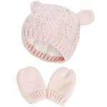 Malaxlx Newborn Baby Winter Beanie Hat Mittens Set Warm Knitted Hat Glove Set for 0-3 Months Baby Girls Boys (Pink)