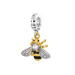 Crystal Honey Bee Multi-Clasp Clip On Pendant 14K Gold Plated over 925 Sterling Silver Charm For Pandora & Other Charm Bracelets/Necklaces, Silver Enamel, No Gemstone