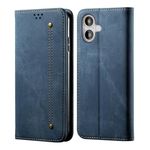 DOB® Synthetic Leather Wallet Case for Apple iPhone 16 Flip Cover Denim Texture Magnetic Push Closure Card Slots & Money Pocket with Viewing Stand Case - Blue