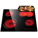 Ceramic Hob, 4 Zone Built-in Electric Hob 60cm, Ceramic Cooktop with Touch Control, 6400W, 9 Power Levels, Dual Ring Zone, Oval Zone, Timer, Child Lock, for All Pots, Hard Wired, without Plug