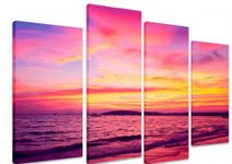 Art_Depot_Outlet PICTURE - Multi Split Panel Canvas Artwork Art - Sunset Over Beach Sea Ocean Waves Purple and Pink Sky 4 Panel - 101cm x 71cm (40"x28")