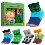 Minecraft Boys Calf Socks, Soft Breathable Creeper Socks Multipack - Gifts for Gamers (Green Square - 5 Pack, 12/3 UK)