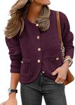 Caracilia Women's Cropped Cardigan Sweaters Open Front Button Down Knit Lady Jackets Outerwear with Pocktes 2024 Fall Clothes Burgundy M